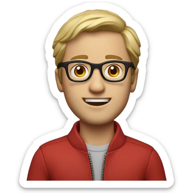 caucasian man, wearing glasses, small ear ring in the left ear, a little smile and a red jacket with ziper sticker