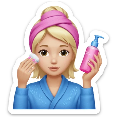 A girl grabbing a pink serum with a towel in blonde hair with a white shower towel in her hair with skincare on her face dressed in a blue sweater sticker