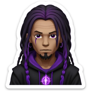 mysterious man with black hoodie and long black dread locks, evil purple aura energy around him sticker