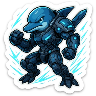futuristic dolphin warrior, mechanical armor, blue light effects, cool action pose, suitable for digital sticker sticker