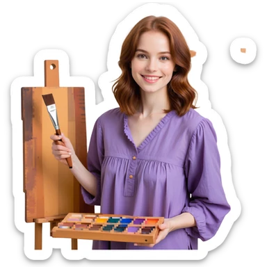 Serene female oil painter, Caucasian features, shoulder-length auburn hair, soft brown eyes, gentle smile, wearing a violet painter’s smock lightly stained with paint over a beige blouse, holding a wooden palette with vibrant colors in one hand and a brush in the other, waist-up, front-facing sticker