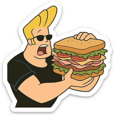 johnny bravo cartoon character, eating a giant sandwich, cartoon style sticker