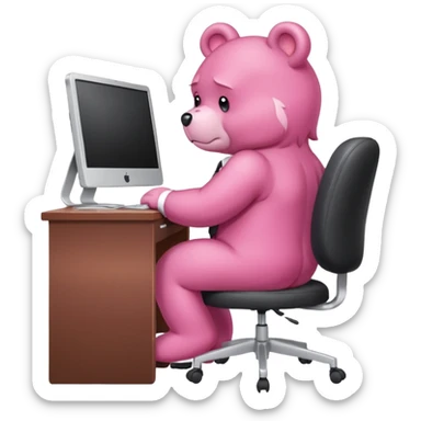 Pink Care bear sad in suit back view, sit on a chair, working on a computer, with a big desk sticker
