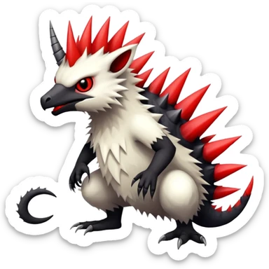 a white exotic edgy vernid-fionbr-Fakémon-creature, with black belly and red eyes, full body sticker