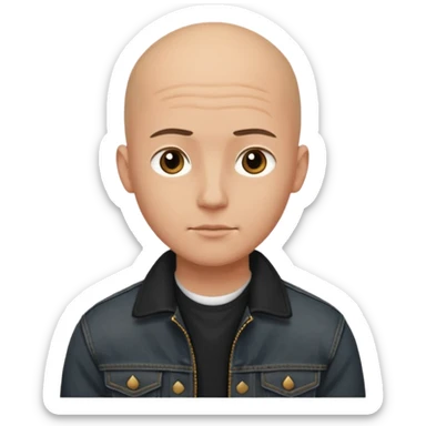  a young man with bald head, black jeans jacket, plain forehead sticker