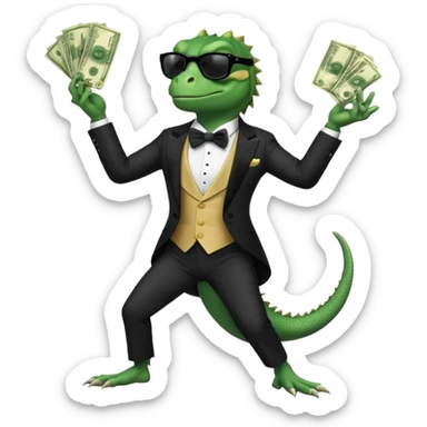 capitalist iguana banker in tuxedo and black sunglasses dancing crazy with money sticker