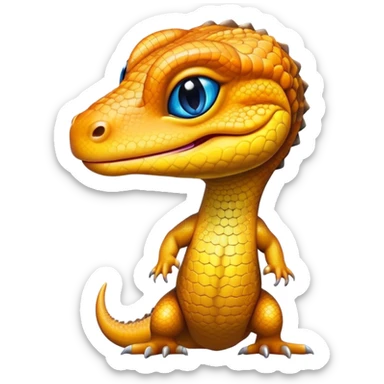 Cinematic Cute Monitor Lizard Portrait Emoji, Head tilted playfully and inquisitively, with a sleek, patterned body accented by vibrant hues and round, sparkling eyes full of wonder, Simplified yet irresistibly adorable features, highly detailed, glowing with a warm, friendly glow, high shine, affectionate and lively, stylized with a touch of exotic charm, bright and endearing, soft glowing outline, capturing the essence of a mischievous yet captivating lizard that seems as if it could scuttle out of the screen into your arms! sticker