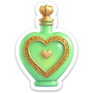 luxurious heart-shaped bottle with golden details, main color light #c0ff53 green, lots of shine, ornaments, magical elixir style, 3D effect sticker
