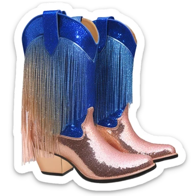 Realistic rose gold and royal blue ombre pair of fashion cowgirl boots with sparkly shiny glitter fringe on them. sticker
