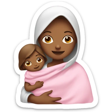 A white mother with a bob with brown hair holding a baby in a pink blanket  sticker