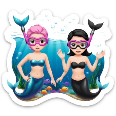 2 Mermaids one wearing a light pink snorkel mask and the other wearing black snorkel mask sticker