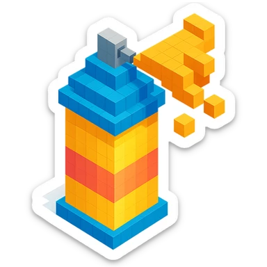 isometric view of a spray paint can with gold paint in voxel style sticker