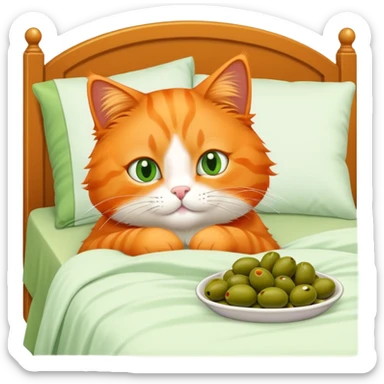 Orange cat eating olives in bed relaxing sticker