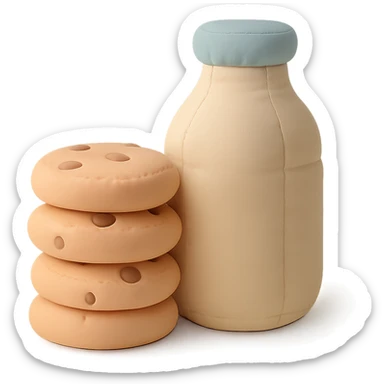 a cushion style stack of cookies next to a bottle of milk, cozy and rounded, pastel colors sticker