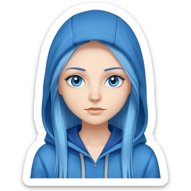 White woman with long blue straight hair and blue eyes with long eyelashes and blue hoodie sticker