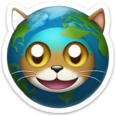 planet Earth with a cartoon grinning cat face with big eyes sticker