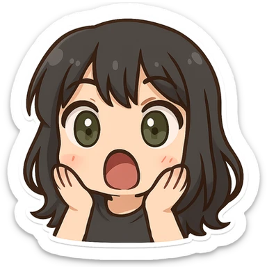 girl with black hair and green eyes, surprised expression, twitch emote style sticker
