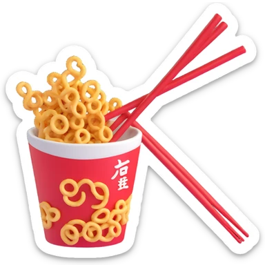 Chinese chopsticks picking up curly snacks, focus on the action, playful and clear depiction sticker