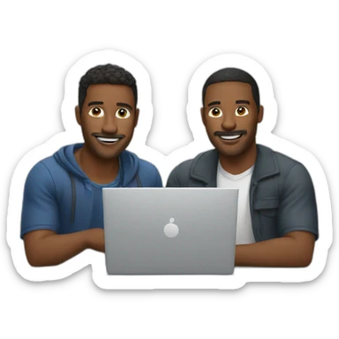 two tech guys working on a laptop sticker
