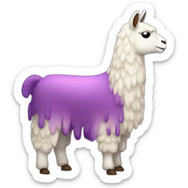 a purple llama with gradient white spots and a yellow carpet on its back is eating a nice cake sticker