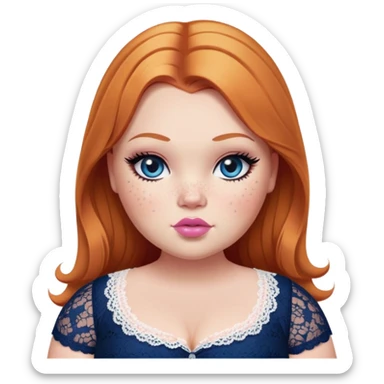 big fat plus size, pretty bratz girl, ginger straight hair, freckles, dark blue eyes, pink lips, black eyeliner, pale skin, cute lace girly clothes sticker