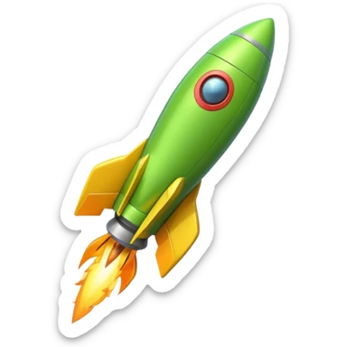 A single rocket, colored in yellow and neon green, glossy and smooth, cartoonish, vibrant colors, high detail, simple and cute design, isolated on white background, centered composition sticker