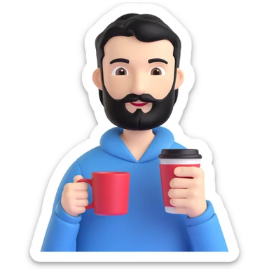 A thin guy with black hair, a long face, black beard, not too thick and long, holding a mug of coffee sticker