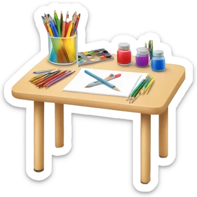 Table with child's drawing and art supplies sticker