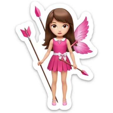 Hada sexy cupido pequeña  de cabello largo lacio castaño con flequillo y ojos cafés  vestida con algo sensual corto color blanco o rojo arco delgado con un color que combinen   y flechas  igual delgadas  que combinen y labios rosas tipo Barbie pero en hada cupido de cuerpo completo ojos sexys  sticker