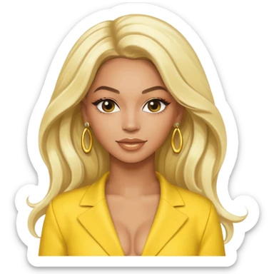 Beyonce with long platinum blonde hair, yellow outfit and earring sticker