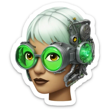 Neon green bobbed hair Latina female cyborg head with silver steampunk goggles and circuits sticker