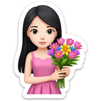 Beautiful girl with long straight black hair, fair skin, wearing pink dress, holding a bouquet of colorful flowers sticker