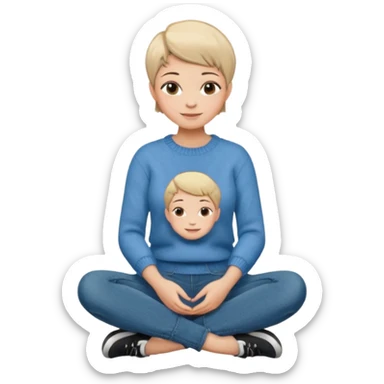 woman sitting cross legged short pixie hair jeans sweater smile  sticker
