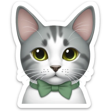 Grey and white cat with sage green bow at neck sticker