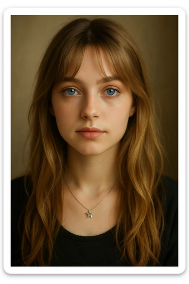 girl with blue eyes, long dirty blonde hair styled with curtain bangs, small silver star necklace, gentle expression sticker