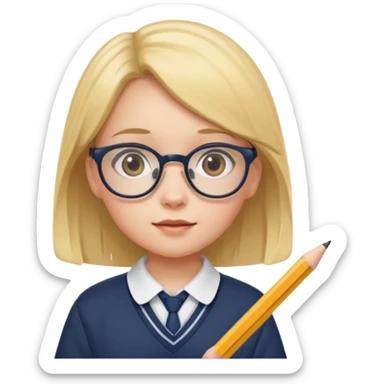 girl kid with glasses → holding a pencil with school uniform sticker