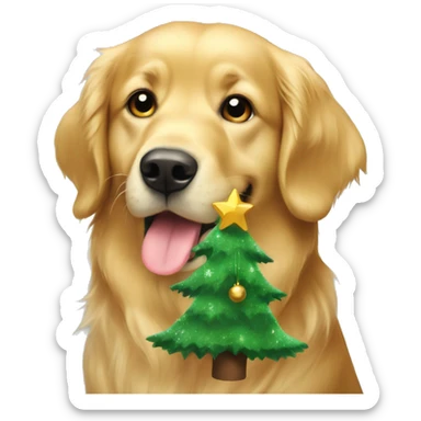 christmas golden retriever with christmas tree  sticker
