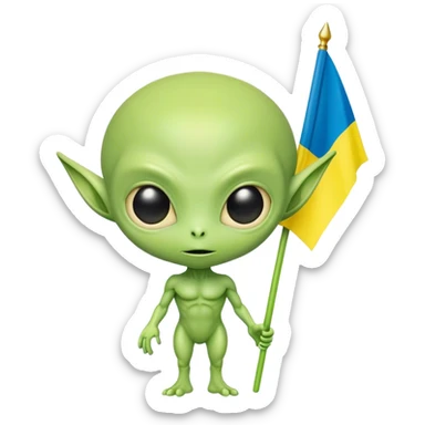 Green alien with Ukraine flag sticker