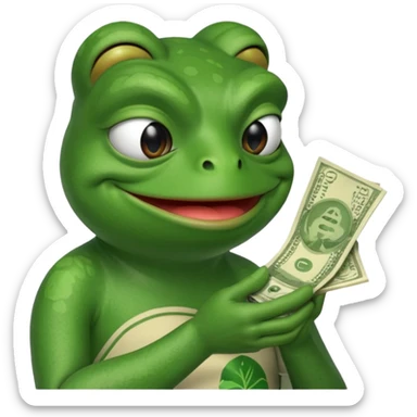 Pepe the frog sniffing a wad of money in his hand and smiling sticker
