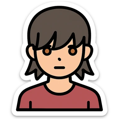 A boy with bangs covering his eyes, long hair sticking out at the back, and long side locks. He has brown eyes and dark brown hair, and is wearing a maroon t-shirt. sticker