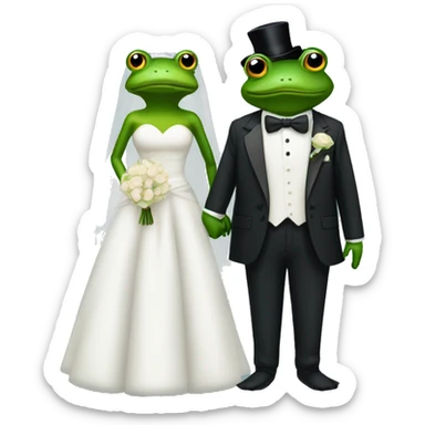 One frog in wedding dress and one frog in a tuxedo holding hands getting married sticker