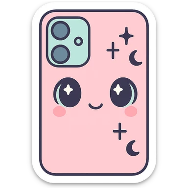 Remove any purse or purse-matching elements. Focus only on a white and black gothic kawaii phone case with big eyes, smiling, playful, cartoonish style, and gothic symbols. No purse references. No background. sticker
