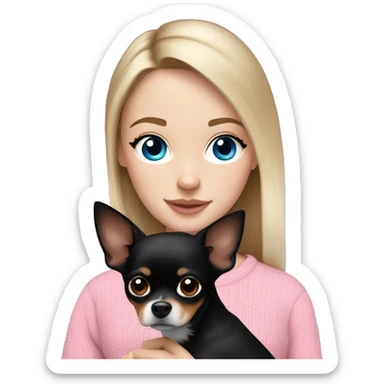 Pretty blue eyed white girl with brunette hair in a pink sweater holding a black chihuahua  sticker