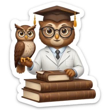 Wise bird with glasses, wearing a lab coat, perched on a stack of books. sticker