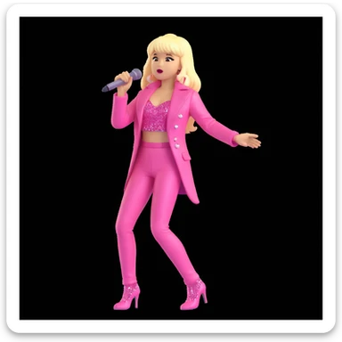 Pretty and thin tall Blonde pop star with bangs singing onstage, wearing a sparkly pink outfit   sticker