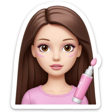 Barbie girl a brown long Straight hair and brown eyes is In pale pink smears by hand cosmetic cream on her face sticker