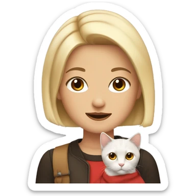 a blonde with a bob haircut and brown eyes holds in her hands a cat of three colors black, red and white sticker