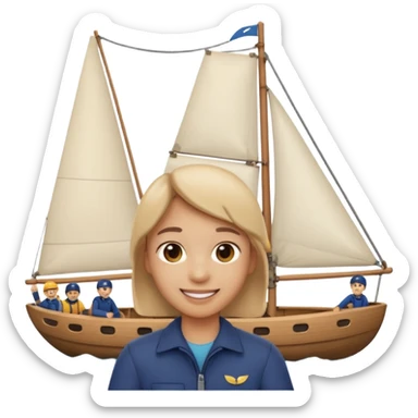Emoji-style person taking a selfie with small sailing crew behind, rounded faces, soft shading, smiling, PNG cutout sticker