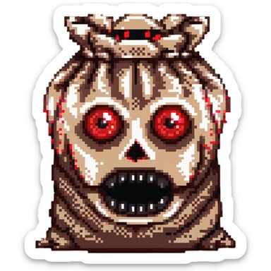 terrifying burlap sack face with glowing red eyes sticker