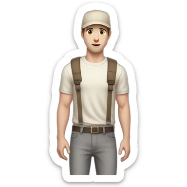 Pale skinned fit Man with dark brown hair in a beige cap, gray jeans, brown polo and white T-shirt keeping a pasted with tape white box into his hands sticker